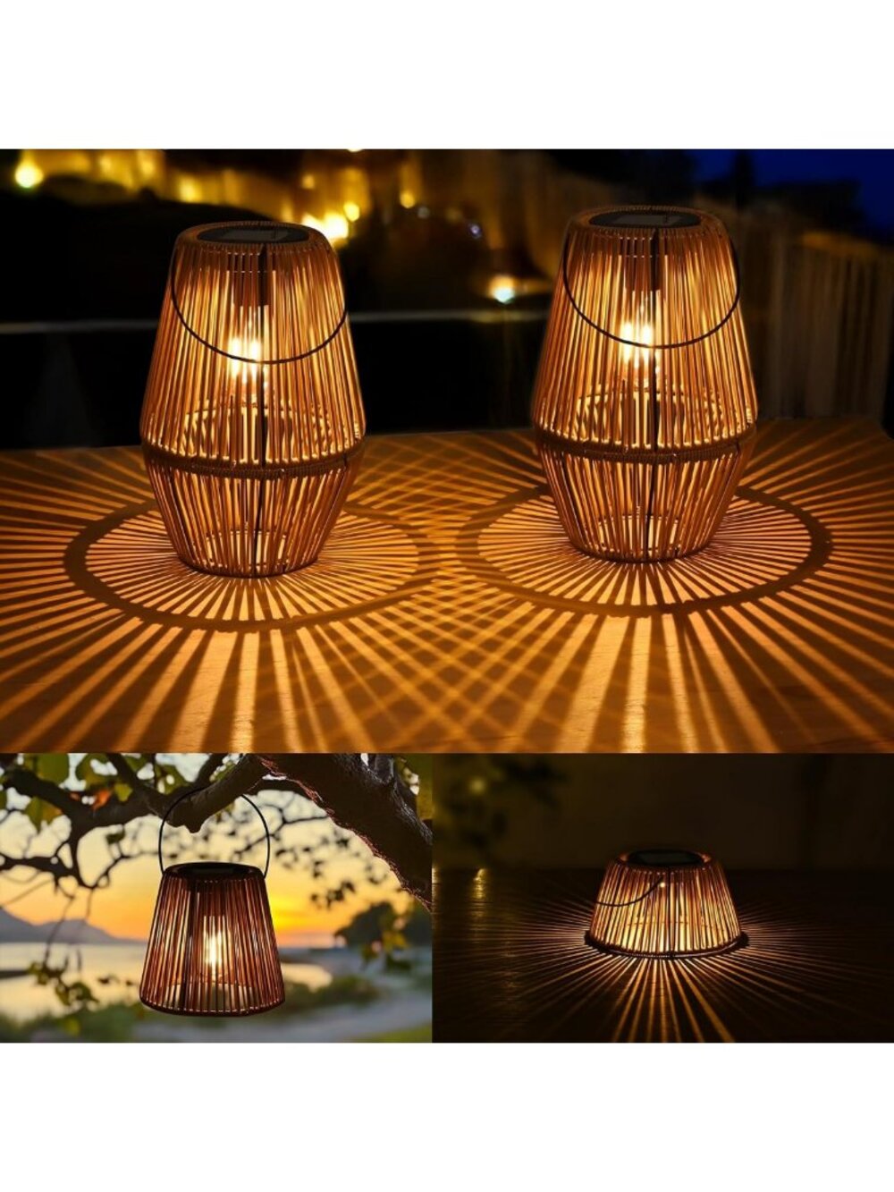 2 Pack 3-in-1 Solar Lanterns - Waterproof Rattan Hanging Lights for Garden Decor